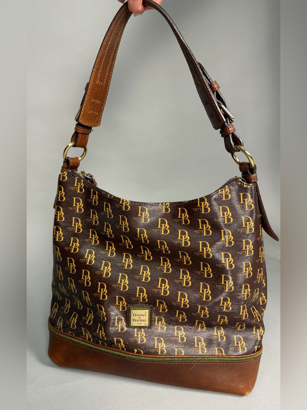 Dooney & Bourke 1975 Signature Brown & Gold DB Monogram Hobo Bag